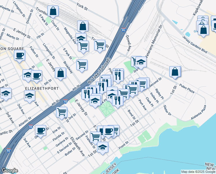 map of restaurants, bars, coffee shops, grocery stores, and more near 210 3rd Street in Elizabeth