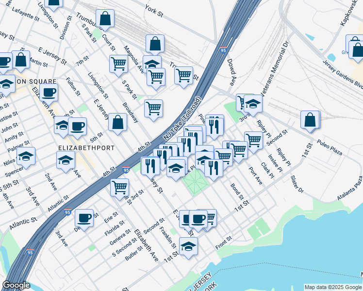 map of restaurants, bars, coffee shops, grocery stores, and more near 319 Court Street in Elizabeth