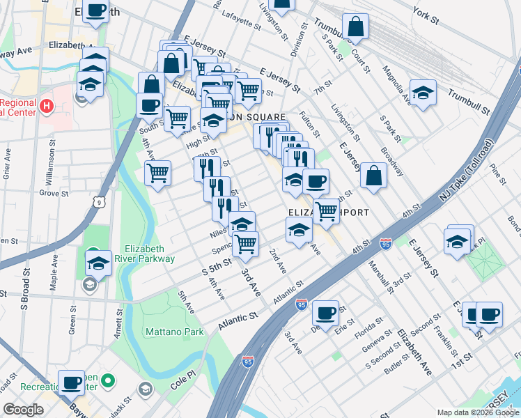 map of restaurants, bars, coffee shops, grocery stores, and more near 549 2nd Avenue in Elizabeth