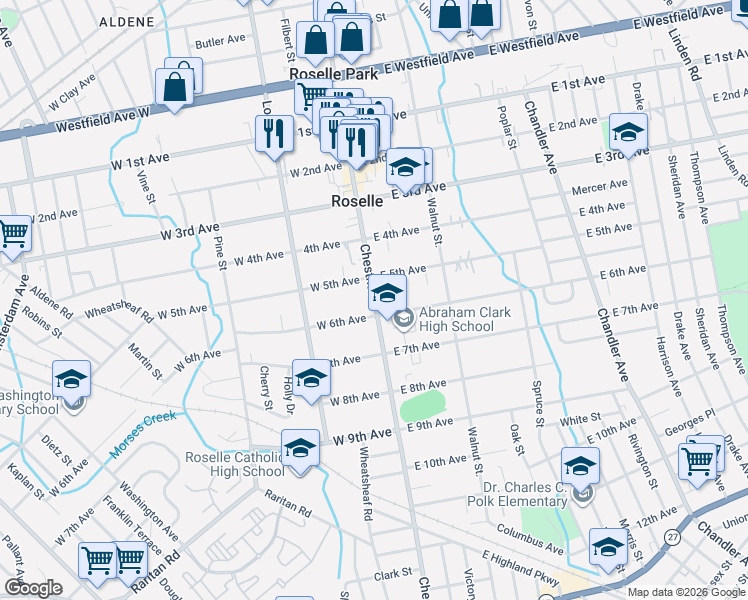 map of restaurants, bars, coffee shops, grocery stores, and more near 519 Chestnut Street in Roselle