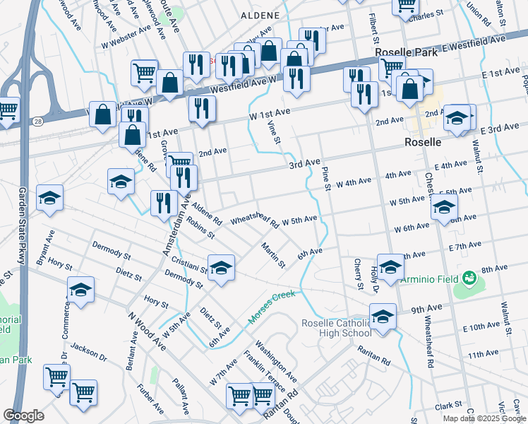map of restaurants, bars, coffee shops, grocery stores, and more near 440 Wheatsheaf Road in Roselle