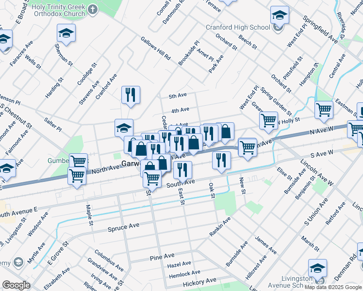 map of restaurants, bars, coffee shops, grocery stores, and more near 245 2nd Avenue in Garwood