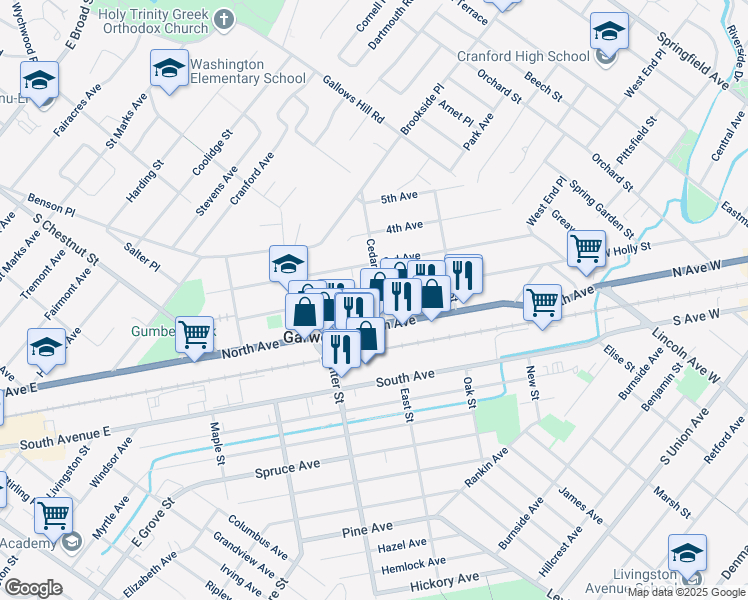 map of restaurants, bars, coffee shops, grocery stores, and more near 9 Cedar Street in Garwood