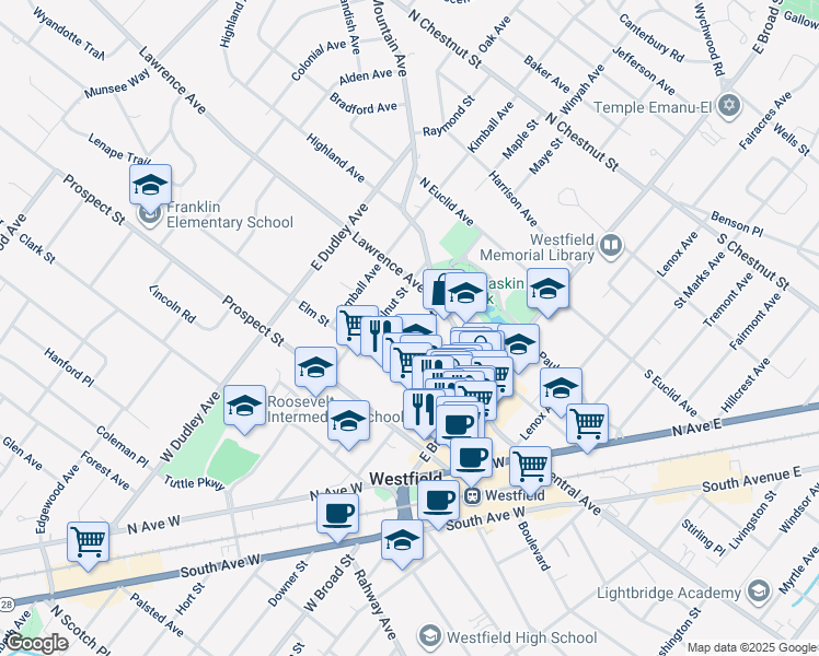 map of restaurants, bars, coffee shops, grocery stores, and more near 200 Elm Street in Westfield