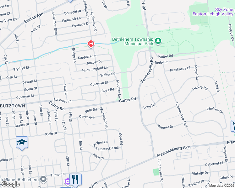 map of restaurants, bars, coffee shops, grocery stores, and more near 2608 Sapphire Lane in Bethlehem