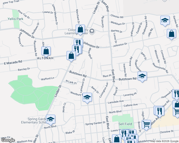 map of restaurants, bars, coffee shops, grocery stores, and more near 2830 West Boulevard in Bethlehem