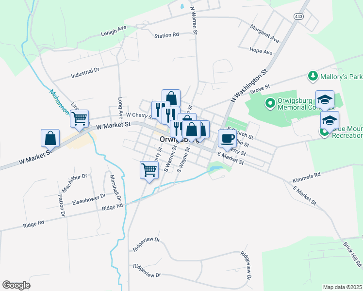 map of restaurants, bars, coffee shops, grocery stores, and more near in Orwigsburg