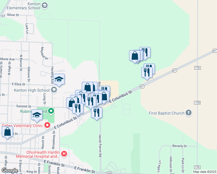 map of restaurants, bars, coffee shops, grocery stores, and more near 1005 East Columbus Street in Kenton
