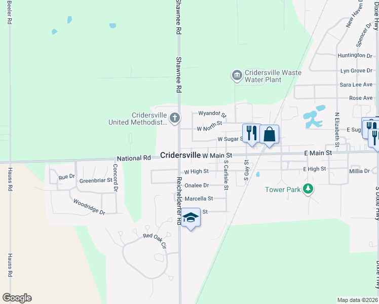map of restaurants, bars, coffee shops, grocery stores, and more near 400 W Main St in Cridersville