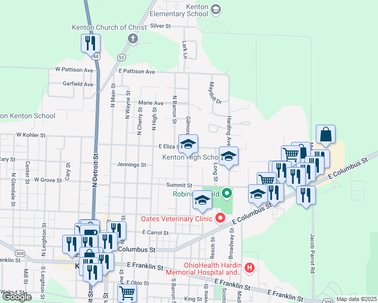 map of restaurants, bars, coffee shops, grocery stores, and more near 530 Gilmore Street in Kenton
