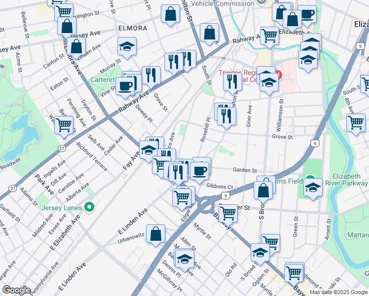 map of restaurants, bars, coffee shops, grocery stores, and more near 444-446 New York Avenue in Elizabeth