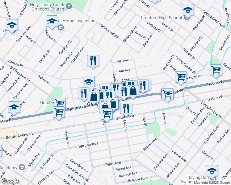 map of restaurants, bars, coffee shops, grocery stores, and more near 9 Cedar Street in Garwood