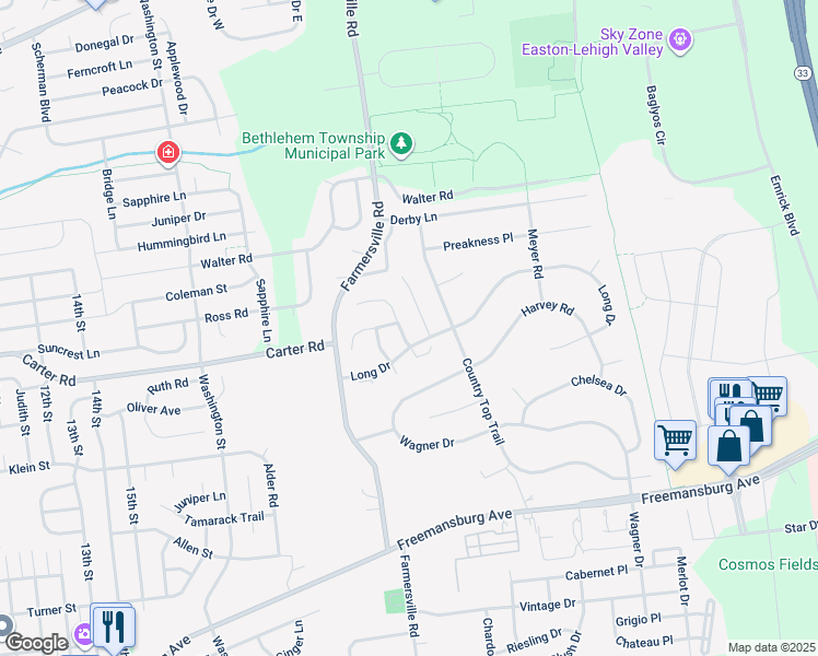 map of restaurants, bars, coffee shops, grocery stores, and more near 4410 Jasmine Drive in Bethlehem