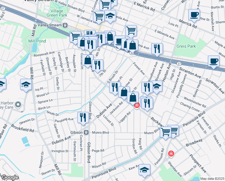 map of restaurants, bars, coffee shops, grocery stores, and more near 780 Rockaway Avenue in Valley Stream