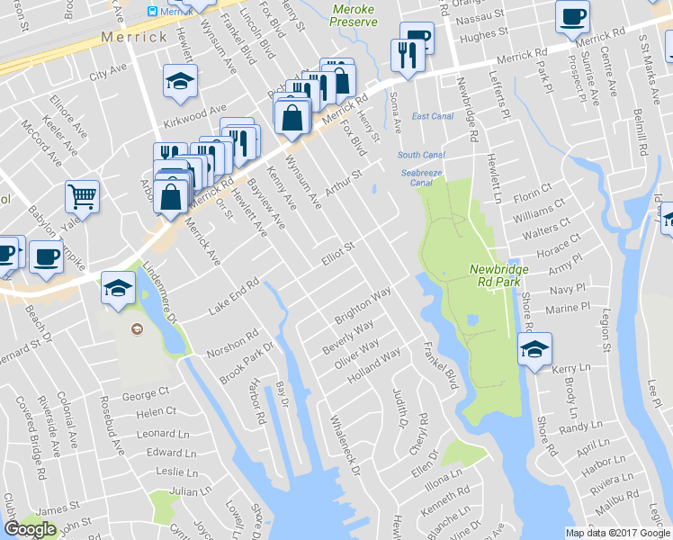 map of restaurants, bars, coffee shops, grocery stores, and more near 115 Hampton Way in Merrick