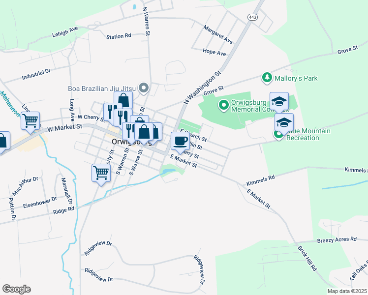map of restaurants, bars, coffee shops, grocery stores, and more near 122 Columbia Street in Orwigsburg