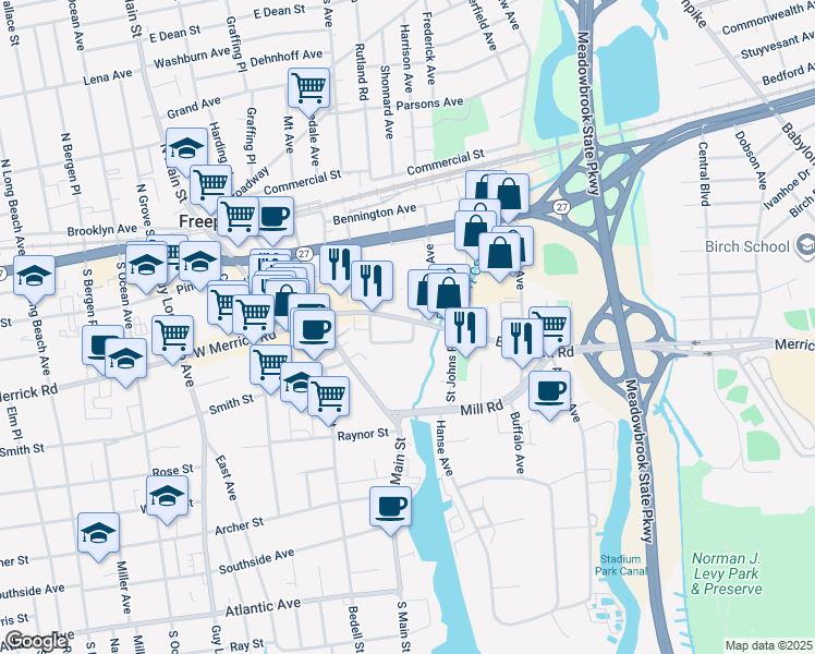map of restaurants, bars, coffee shops, grocery stores, and more near 120 East Merrick Road in Freeport