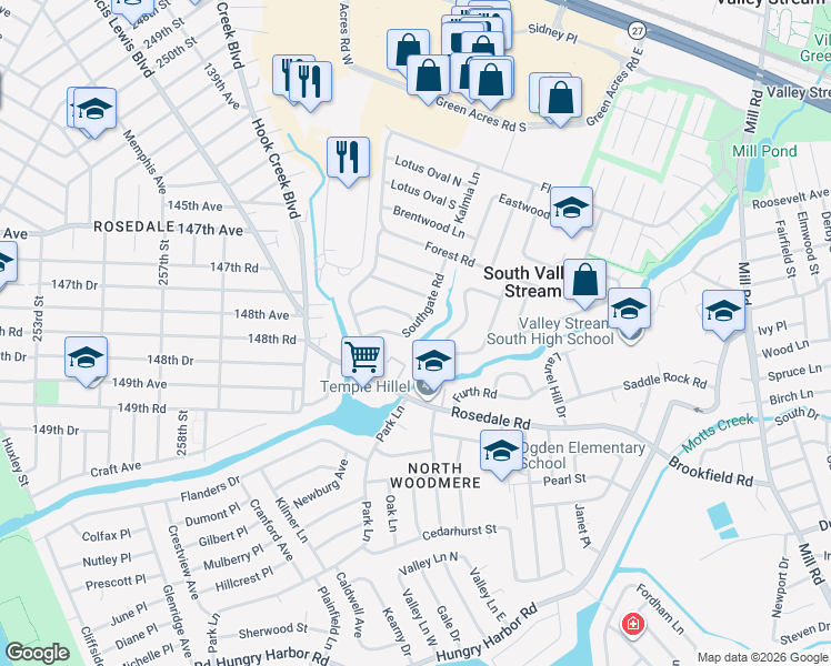 map of restaurants, bars, coffee shops, grocery stores, and more near 55 Southgate Road in Valley Stream