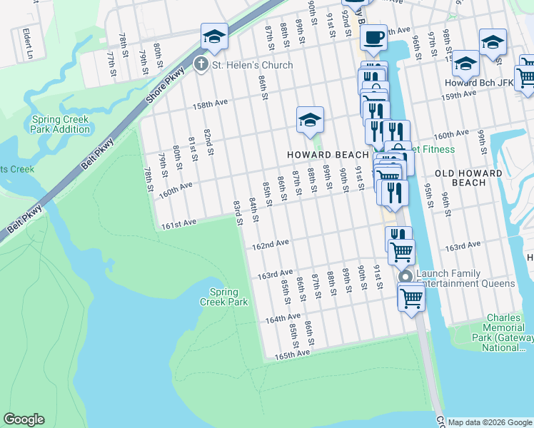 map of restaurants, bars, coffee shops, grocery stores, and more near 161-08 85th Street in Queens