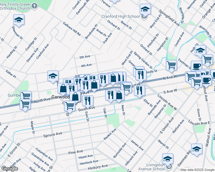 map of restaurants, bars, coffee shops, grocery stores, and more near 86 North Avenue in Garwood
