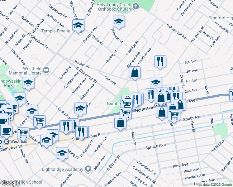 map of restaurants, bars, coffee shops, grocery stores, and more near 643 South Chestnut Street in Westfield