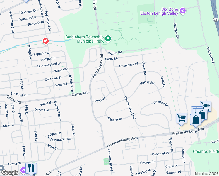 map of restaurants, bars, coffee shops, grocery stores, and more near 4410 Jasmine Drive in Bethlehem