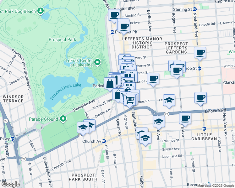 map of restaurants, bars, coffee shops, grocery stores, and more near 353 Ocean Avenue in Brooklyn