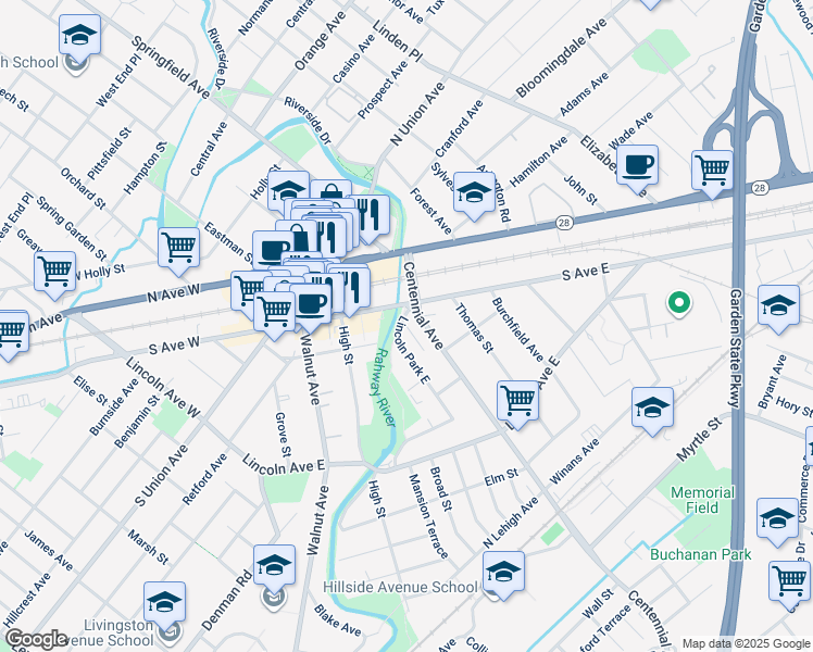 map of restaurants, bars, coffee shops, grocery stores, and more near 103 Lincoln Park East in Cranford