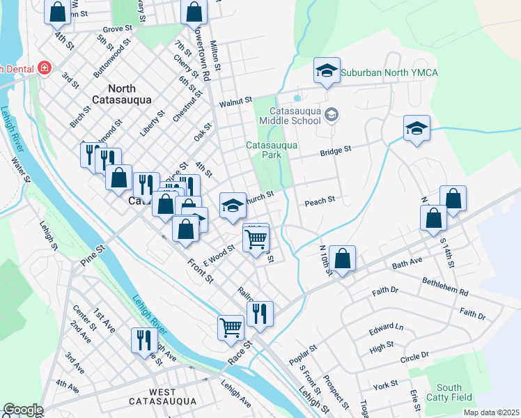 map of restaurants, bars, coffee shops, grocery stores, and more near 330 American Street in Catasauqua