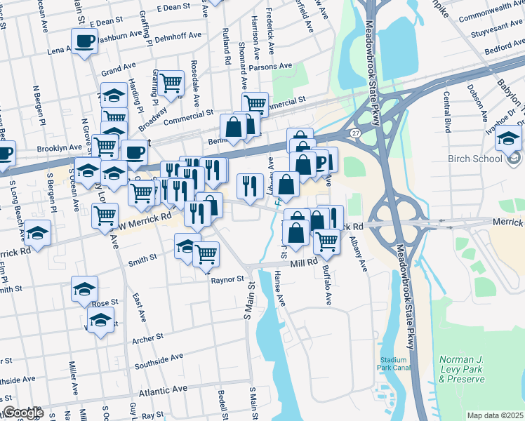 map of restaurants, bars, coffee shops, grocery stores, and more near 120 East Merrick Road in Freeport