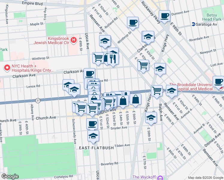 map of restaurants, bars, coffee shops, grocery stores, and more near 229 East 53rd Street in Brooklyn