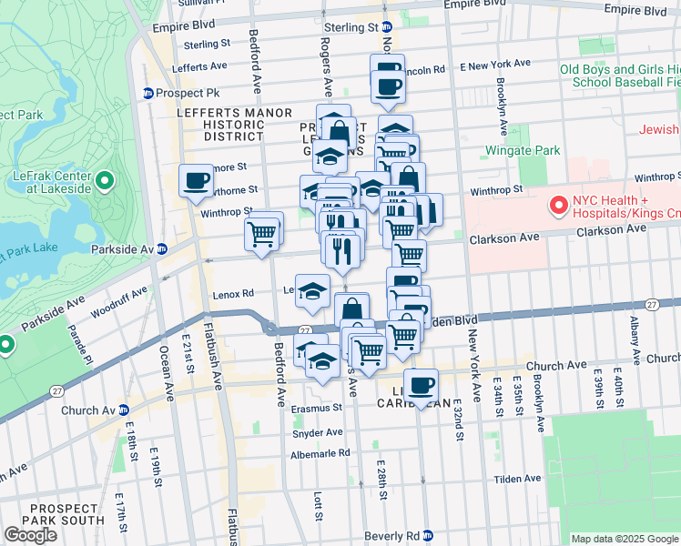 map of restaurants, bars, coffee shops, grocery stores, and more near 690 Rogers Avenue in Brooklyn