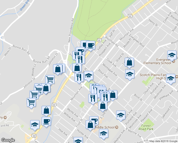 map of restaurants, bars, coffee shops, grocery stores, and more near 242 Union Avenue in Scotch Plains