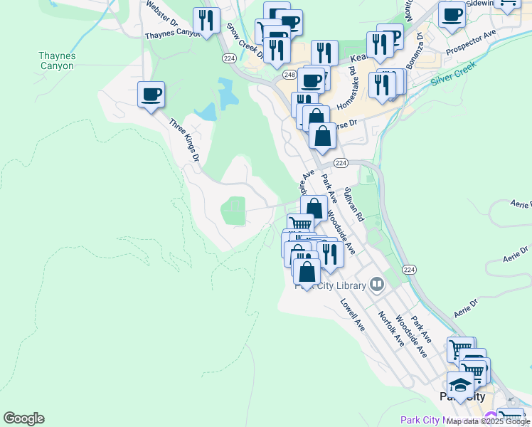 map of restaurants, bars, coffee shops, grocery stores, and more near 401 Silver King Drive in Park City