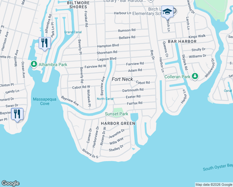map of restaurants, bars, coffee shops, grocery stores, and more near 90 Dartmouth Road in Massapequa