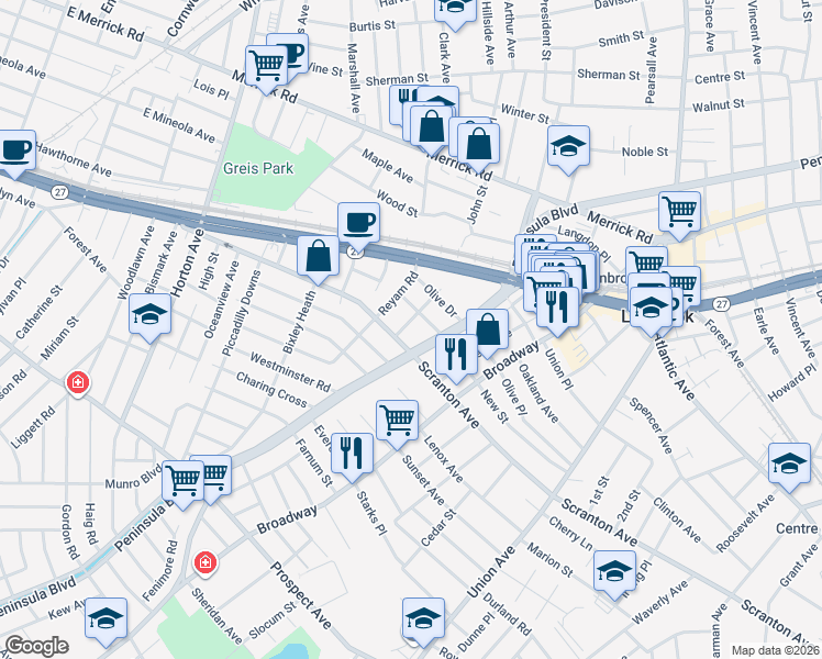 map of restaurants, bars, coffee shops, grocery stores, and more near 75 Sunrise Drive in Lynbrook