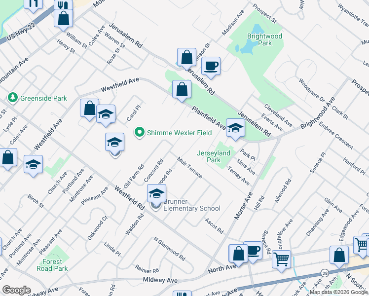 map of restaurants, bars, coffee shops, grocery stores, and more near 2346 Redwood Road in Scotch Plains