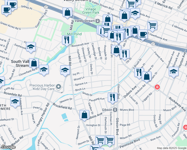 map of restaurants, bars, coffee shops, grocery stores, and more near 54 Wood Lane in Valley Stream