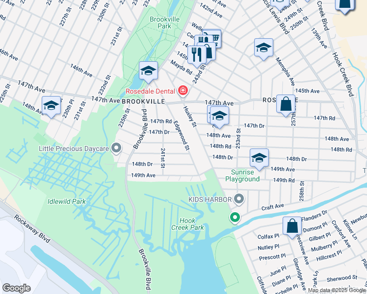 map of restaurants, bars, coffee shops, grocery stores, and more near 148-08 Edgewood Street in Queens