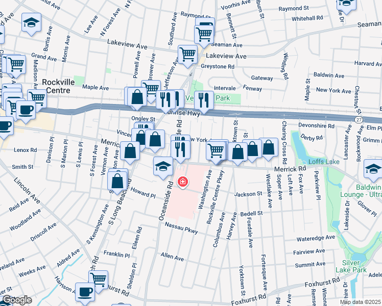 map of restaurants, bars, coffee shops, grocery stores, and more near 17 Cumberland Street in Rockville Centre
