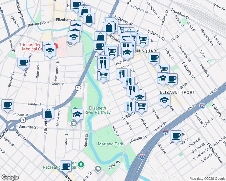 map of restaurants, bars, coffee shops, grocery stores, and more near 611 4th Avenue in Elizabeth