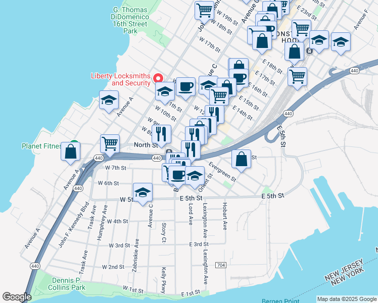 map of restaurants, bars, coffee shops, grocery stores, and more near 11 W 8th St in Bayonne