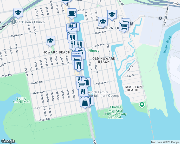 map of restaurants, bars, coffee shops, grocery stores, and more near 161-52 95th Street in Queens