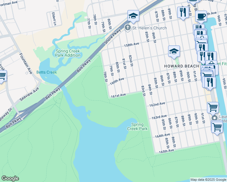 map of restaurants, bars, coffee shops, grocery stores, and more near 160-28 79th Street in Queens