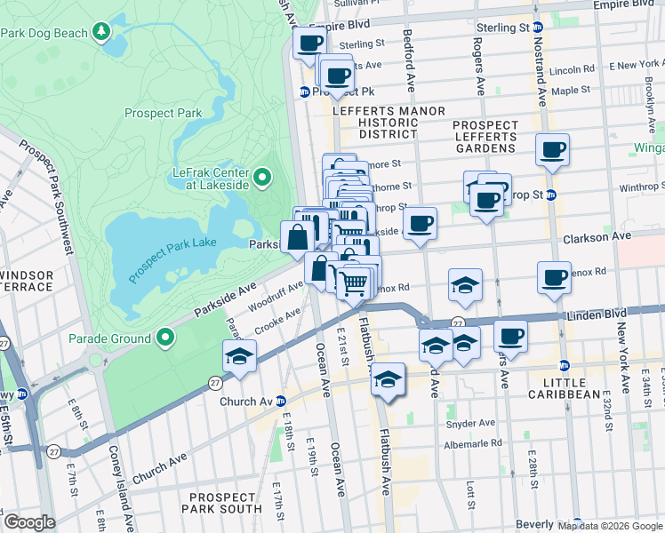 map of restaurants, bars, coffee shops, grocery stores, and more near E 21st St & Woodruff Ave in Brooklyn