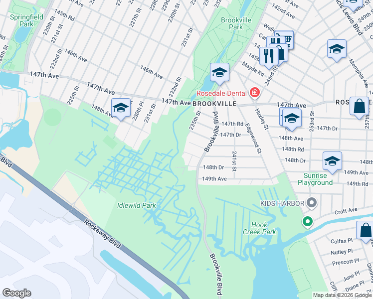 map of restaurants, bars, coffee shops, grocery stores, and more near 235-15 Bentley Road in Queens