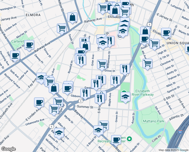 map of restaurants, bars, coffee shops, grocery stores, and more near 418 Grier Ave in Elizabeth
