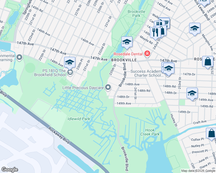 map of restaurants, bars, coffee shops, grocery stores, and more near 235-15 Bentley Road in Queens