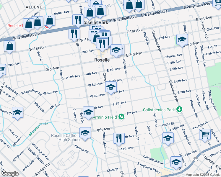 map of restaurants, bars, coffee shops, grocery stores, and more near 519 Chestnut Street in Roselle