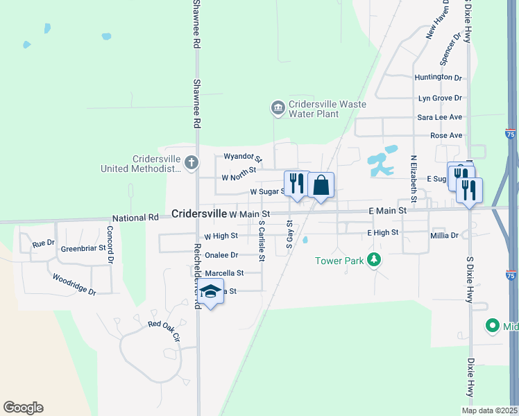 map of restaurants, bars, coffee shops, grocery stores, and more near 300 W Main St in Cridersville
